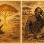 An illustration of magical talking tree advising man in Somali countryside.