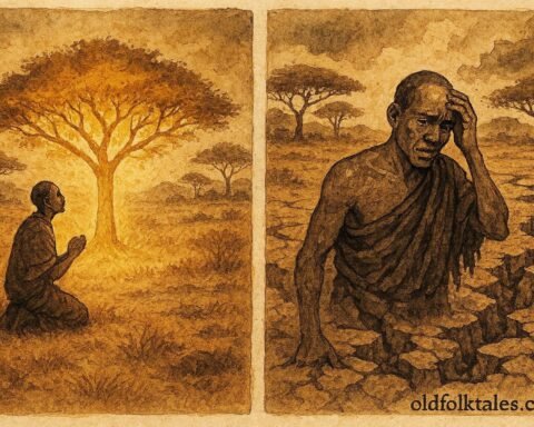 An illustration of magical talking tree advising man in Somali countryside.
