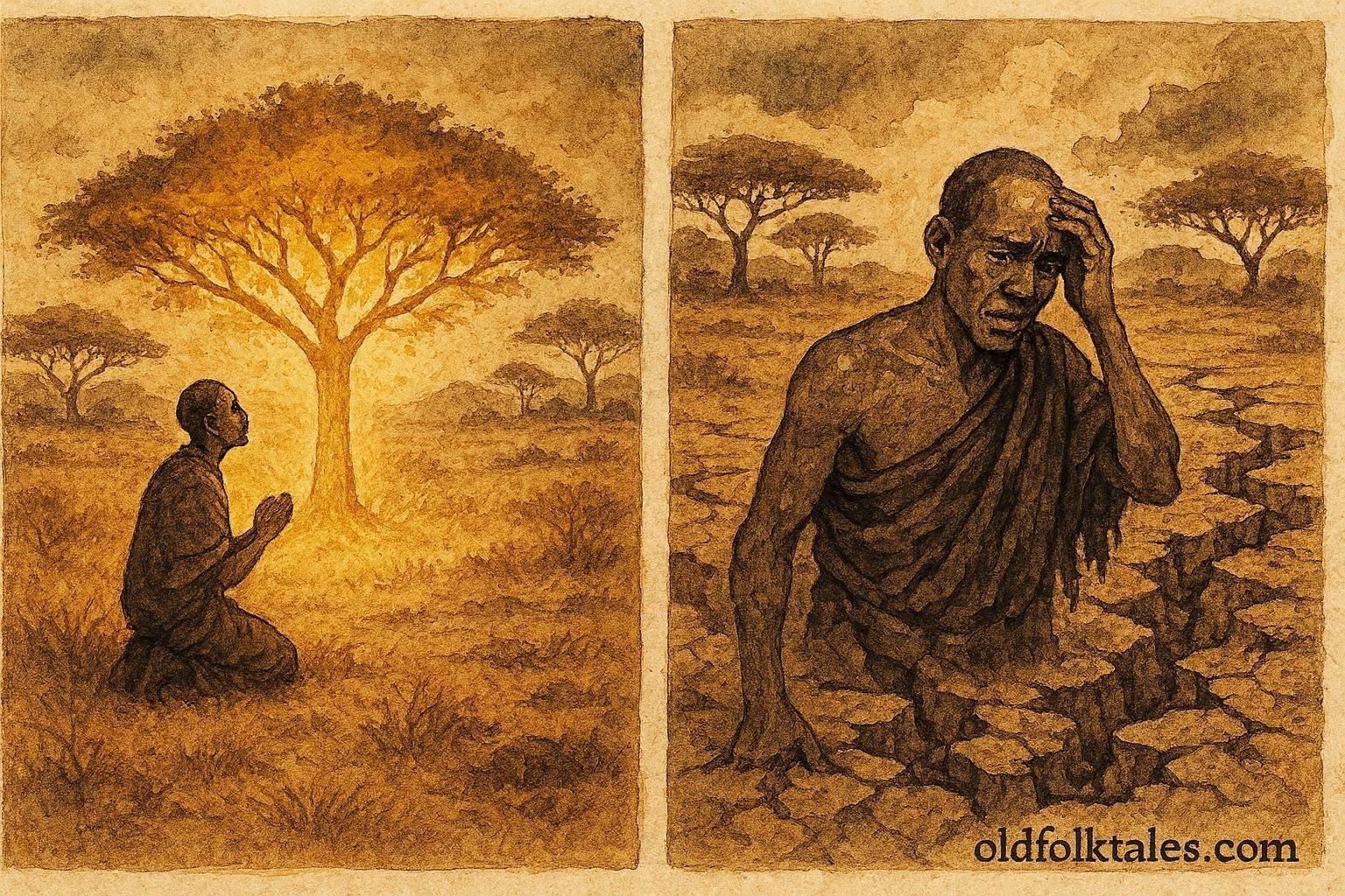 An illustration of magical talking tree advising man in Somali countryside.