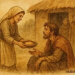 illustration of a kind woman sharing food with a stranger, Beninese folktale scene.