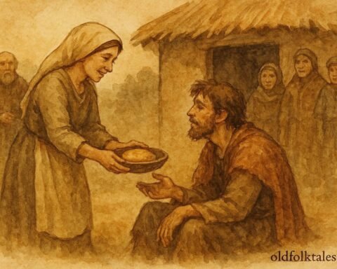 illustration of a kind woman sharing food with a stranger, Beninese folktale scene.