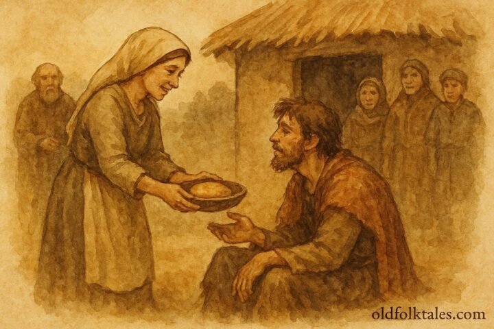 illustration of a kind woman sharing food with a stranger, Beninese folktale scene.