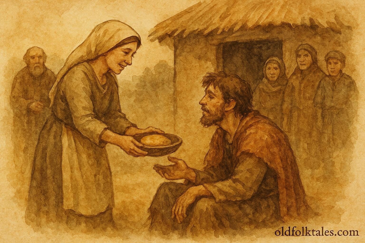 illustration of a kind woman sharing food with a stranger, Beninese folktale scene.