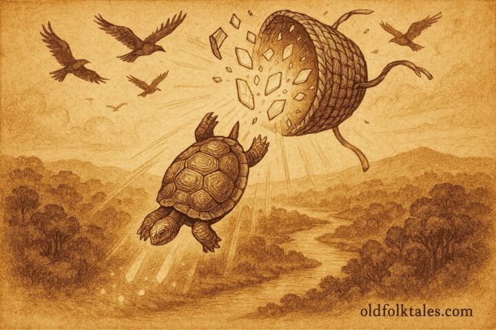 An illustration of tortoise falling as wisdom scatters, Gabonese folktale scene.