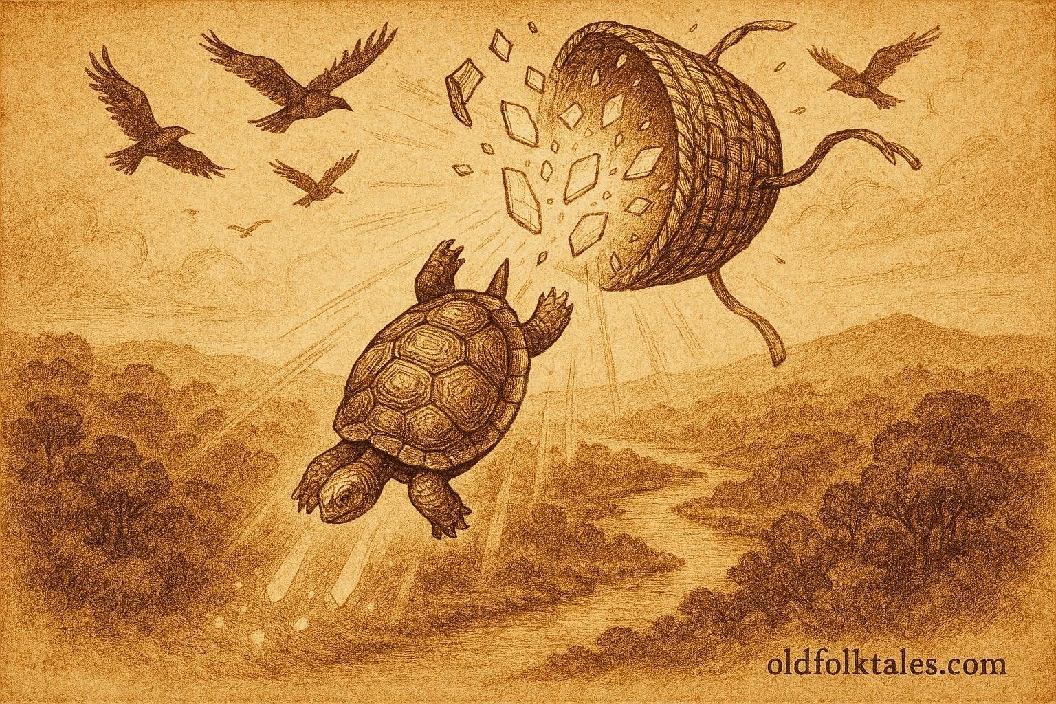An illustration of tortoise falling as wisdom scatters, Gabonese folktale scene.