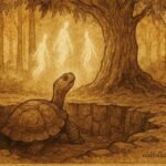 A tortoise in pit beneath forest spirits in Banda Central African folktale scene.
