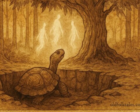 A tortoise in pit beneath forest spirits in Banda Central African folktale scene.