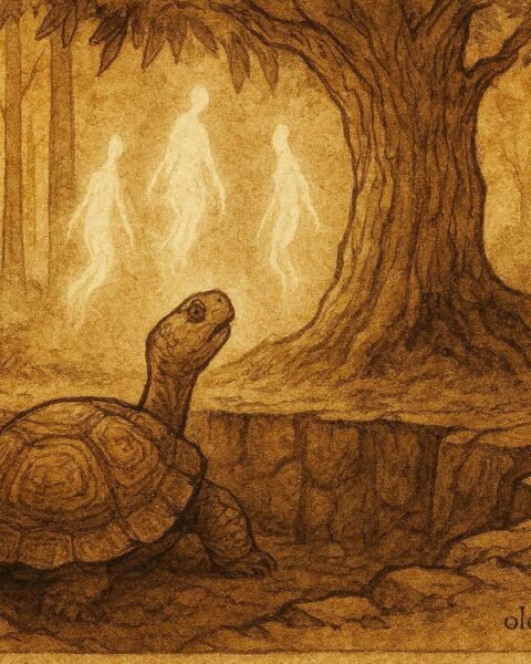 A tortoise in pit beneath forest spirits in Banda Central African folktale scene.