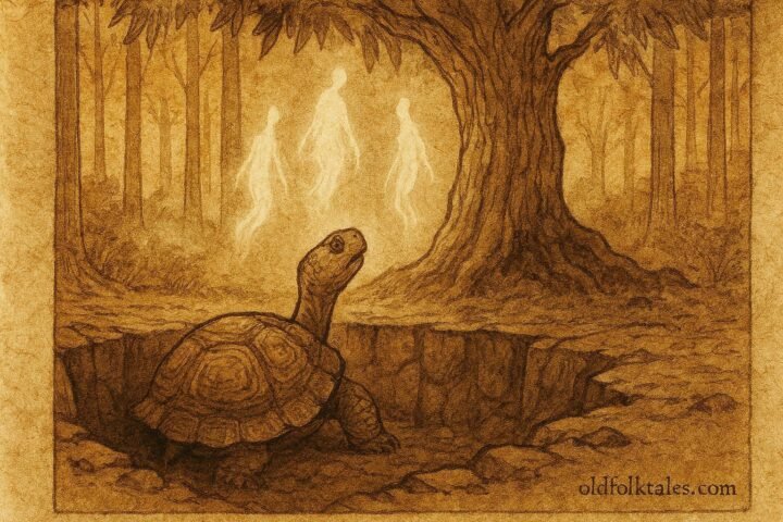 A tortoise in pit beneath forest spirits in Banda Central African folktale scene.