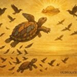 An illustration of tortoise flying with birds to sky feast, African Cameroon folktale scene.