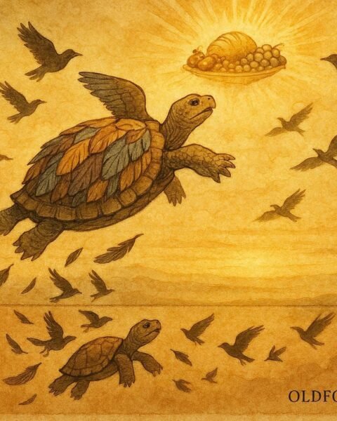 An illustration of tortoise flying with birds to sky feast, African Cameroon folktale scene.