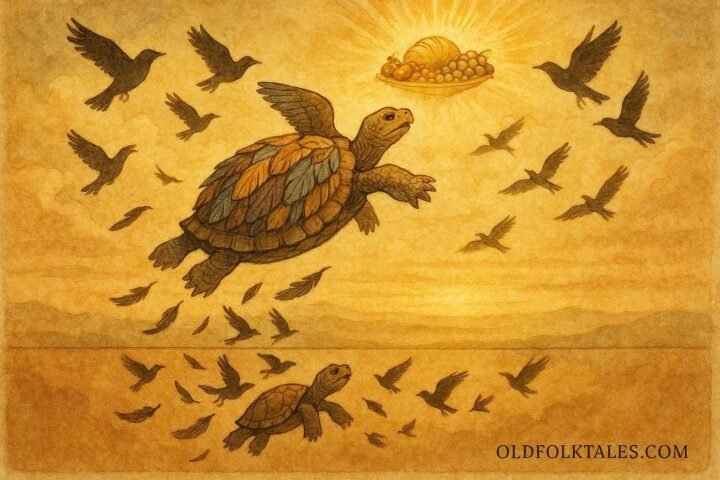An illustration of tortoise flying with birds to sky feast, African Cameroon folktale scene.