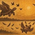 A tortoise flying with birds then falling from sky, Fang folktale scene.