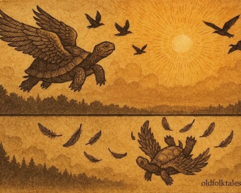 A tortoise flying with birds then falling from sky, Fang folktale scene.