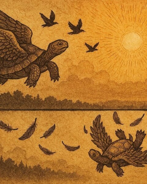 A tortoise flying with birds then falling from sky, Fang folktale scene.