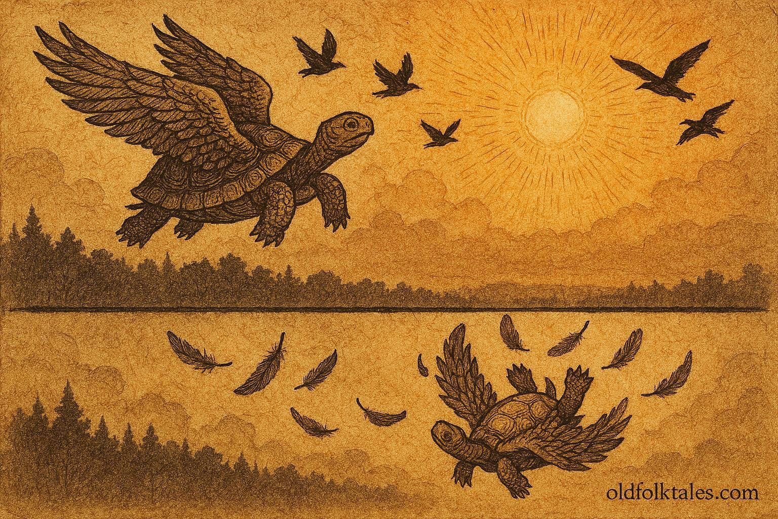 A tortoise flying with birds then falling from sky, Fang folktale scene.