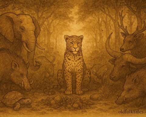 A tortoise eating at leopard’s feast among forest animals, Congo Basin folktale.