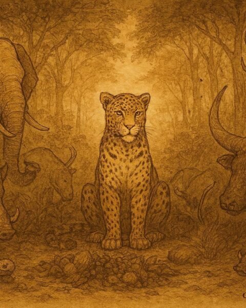 A tortoise eating at leopard’s feast among forest animals, Congo Basin folktale.