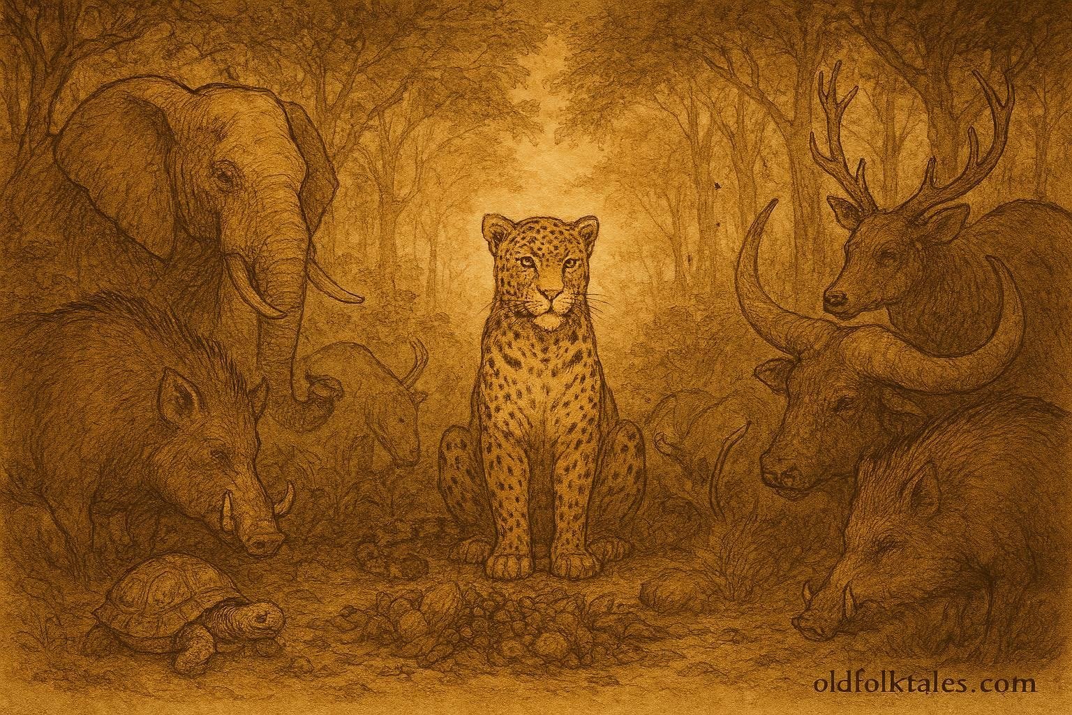 A tortoise eating at leopard’s feast among forest animals, Congo Basin folktale.