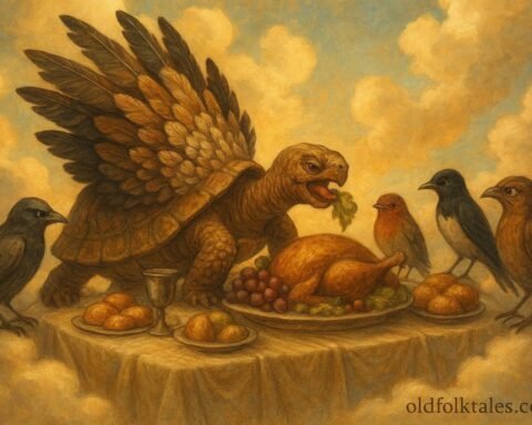 A tortoise eating sky feast as birds look upset in Ethiopian folktale scene.