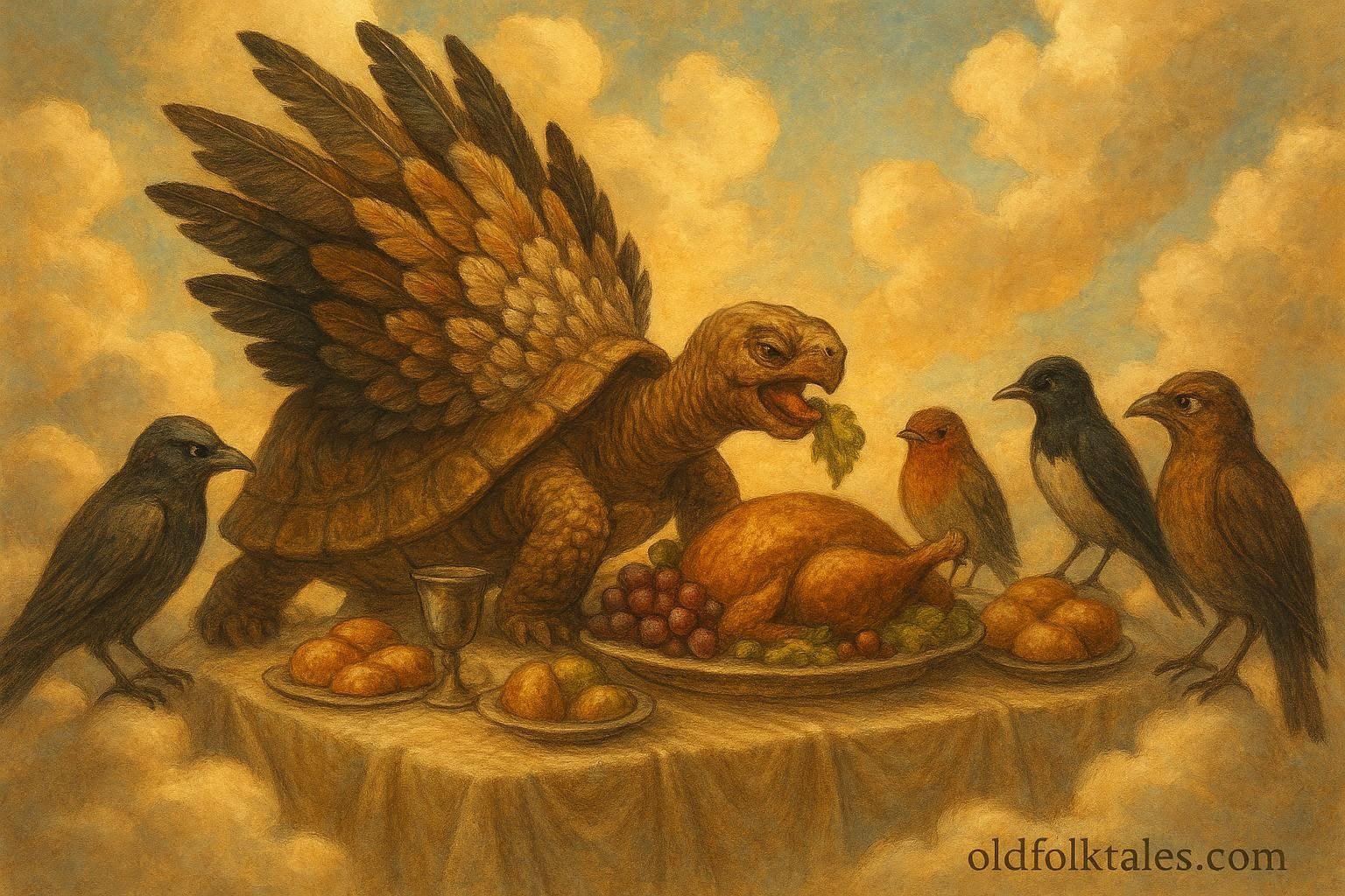 The Tortoise and the Sky Feast FolktalesAfricacom | FolktalesAfrica.com A tortoise eating sky feast as birds look upset in Ethiopian folktale scene.