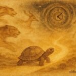 A tortoise in cosmic race with time and fast creatures, Malagasy folktale scene.