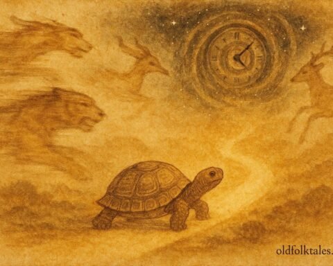 A tortoise in cosmic race with time and fast creatures, Malagasy folktale scene.