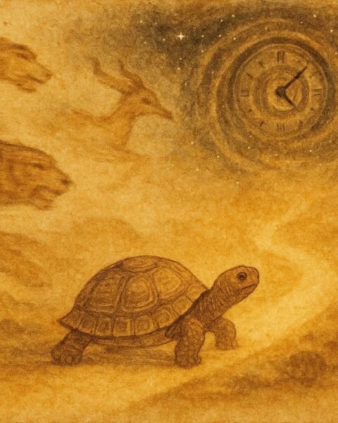A tortoise in cosmic race with time and fast creatures, Malagasy folktale scene.