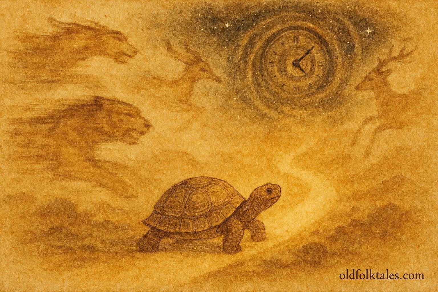 A tortoise in cosmic race with time and fast creatures, Malagasy folktale scene.