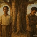 two brothers beside speaking tree in Eritrean field showing conflict and truth.