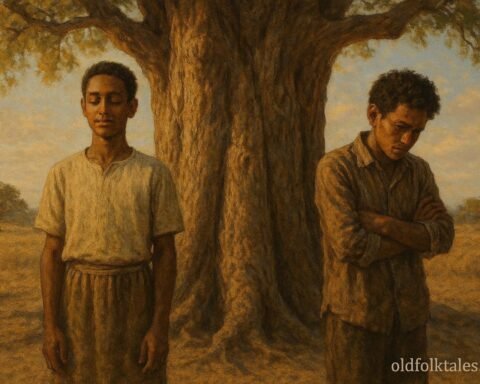 two brothers beside speaking tree in Eritrean field showing conflict and truth.