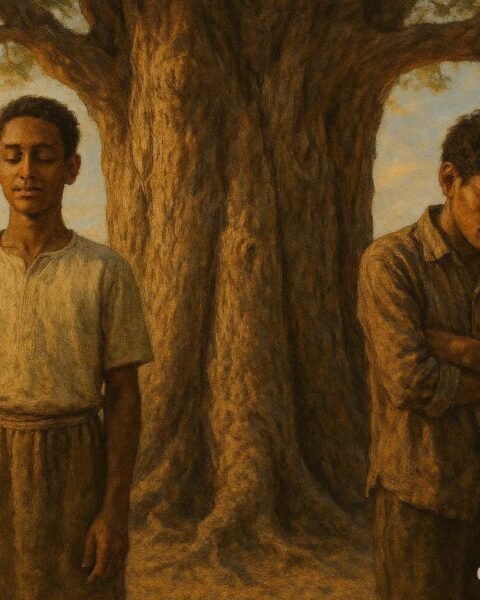two brothers beside speaking tree in Eritrean field showing conflict and truth.