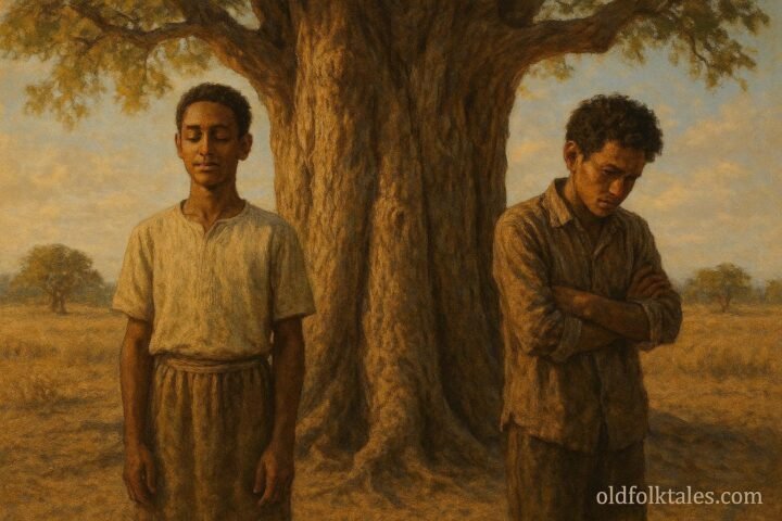two brothers beside speaking tree in Eritrean field showing conflict and truth.
