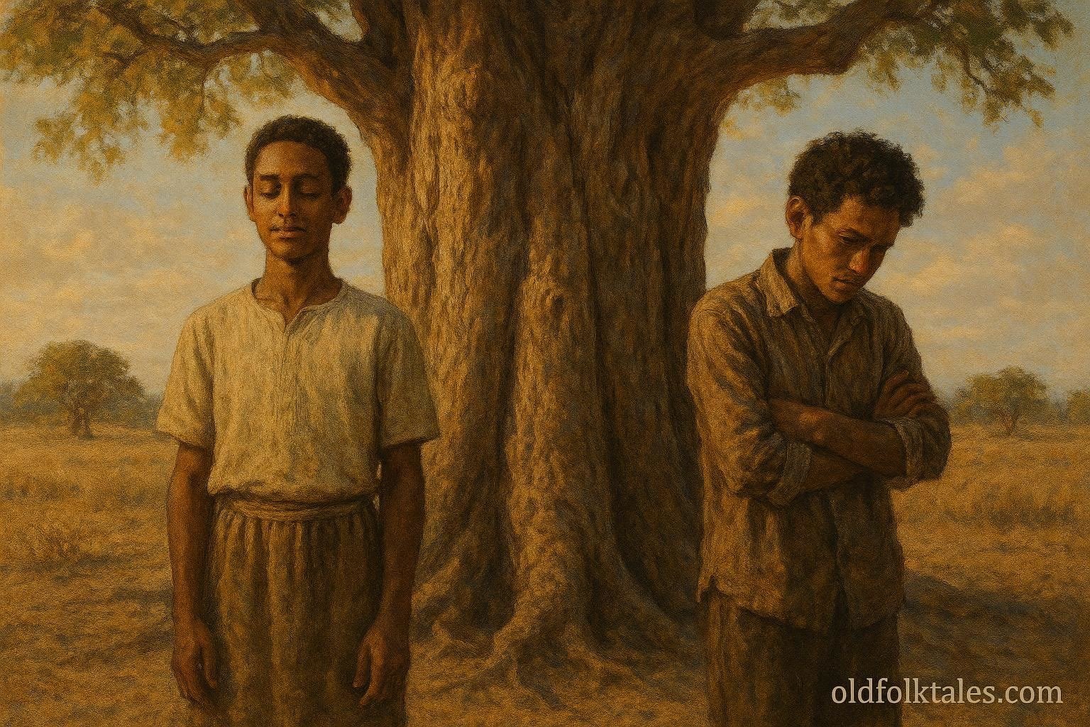 two brothers beside speaking tree in Eritrean field showing conflict and truth.