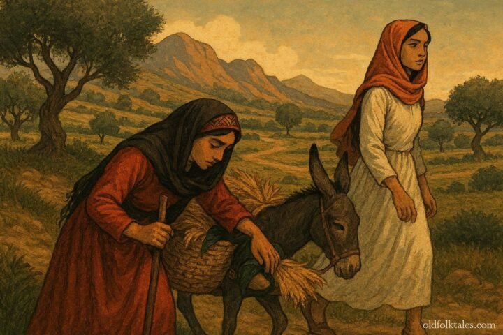 Two sisters on a journey showing contrasting behavior of kindness and carelessness in an Algerian folktale