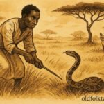 An illustration of man rescuing snake that later turns on him in Somali bush.