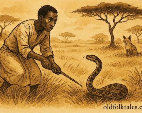 An illustration of man rescuing snake that later turns on him in Somali bush.