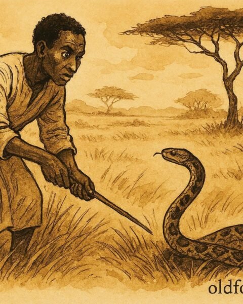 An illustration of man rescuing snake that later turns on him in Somali bush.