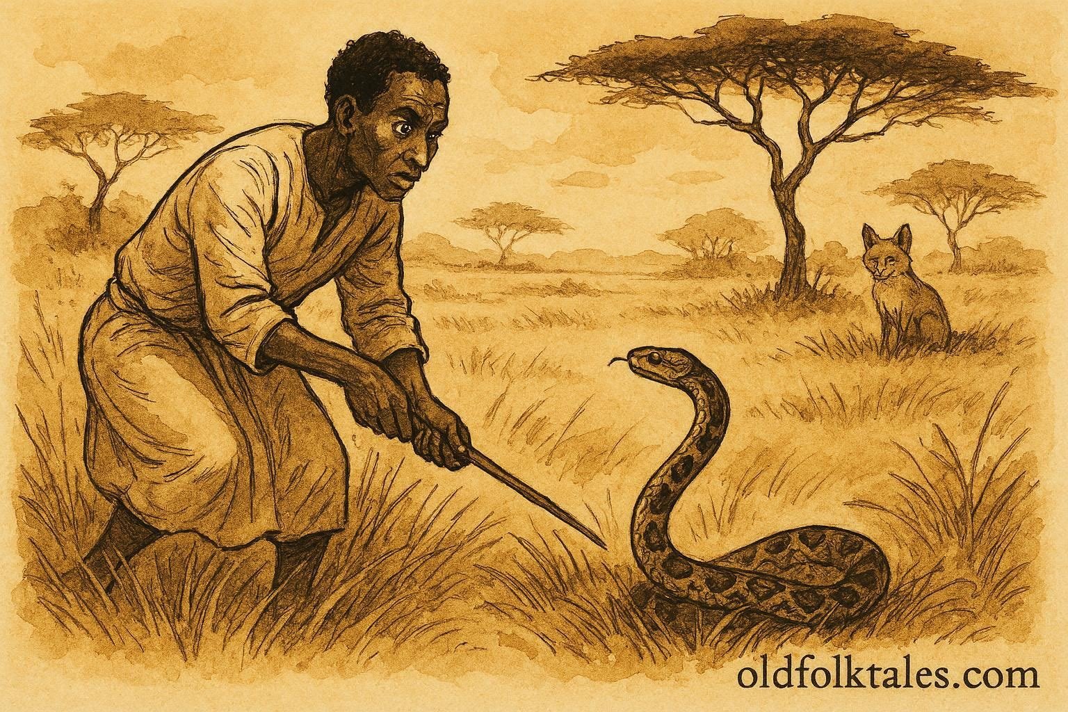 An illustration of man rescuing snake that later turns on him in Somali bush.