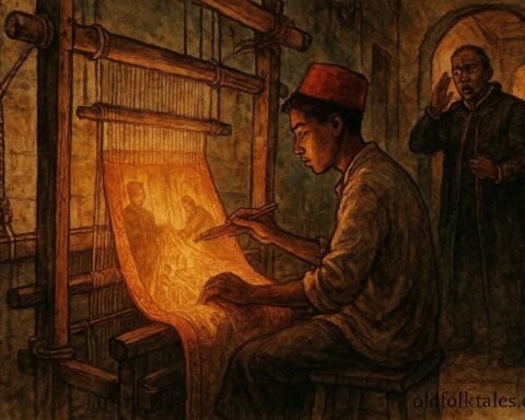 An illustration of girl weaving truth-revealing robe in Fez workshop, Moroccan folktale scene.