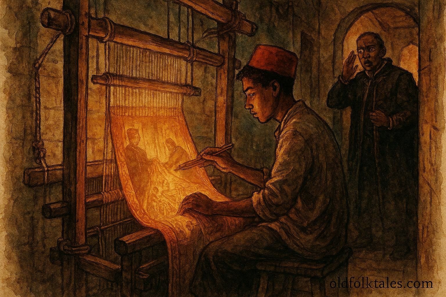 An illustration of girl weaving truth-revealing robe in Fez workshop, Moroccan folktale scene.
