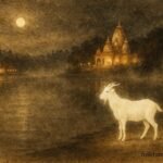 An illustration of glowing white goat appearing at sacred Grand Bassin lake in Mauritius at night.