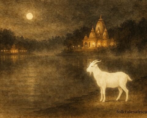 An illustration of glowing white goat appearing at sacred Grand Bassin lake in Mauritius at night.