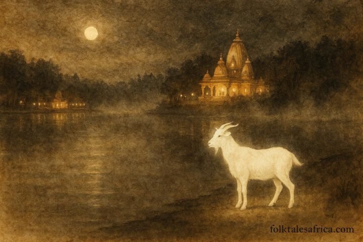 An illustration of glowing white goat appearing at sacred Grand Bassin lake in Mauritius at night.