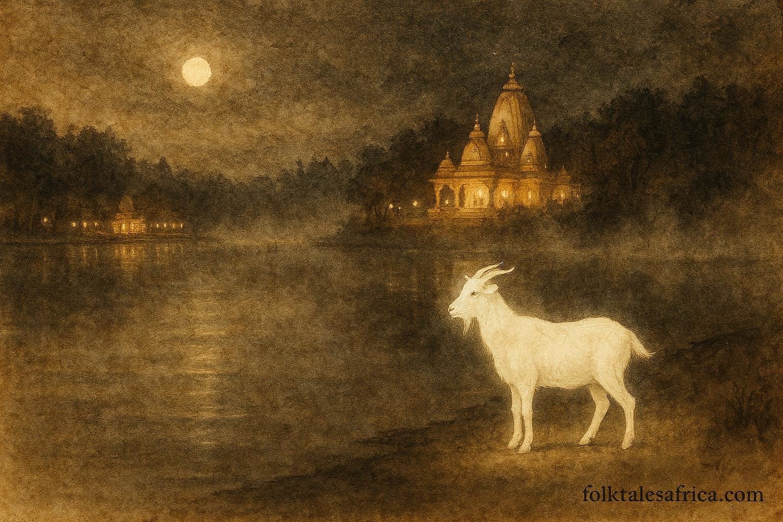 An illustration of glowing white goat appearing at sacred Grand Bassin lake in Mauritius at night.
