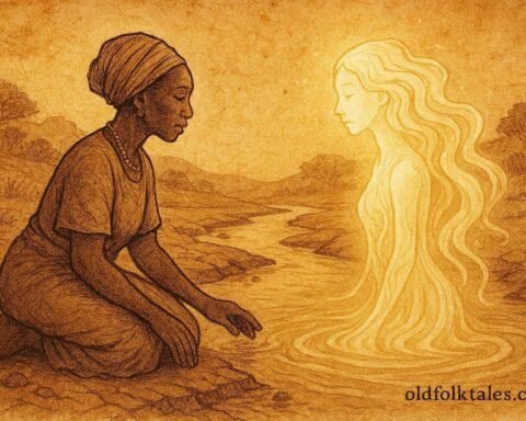 An illustration of woman and river spirit during drought in Gabon.