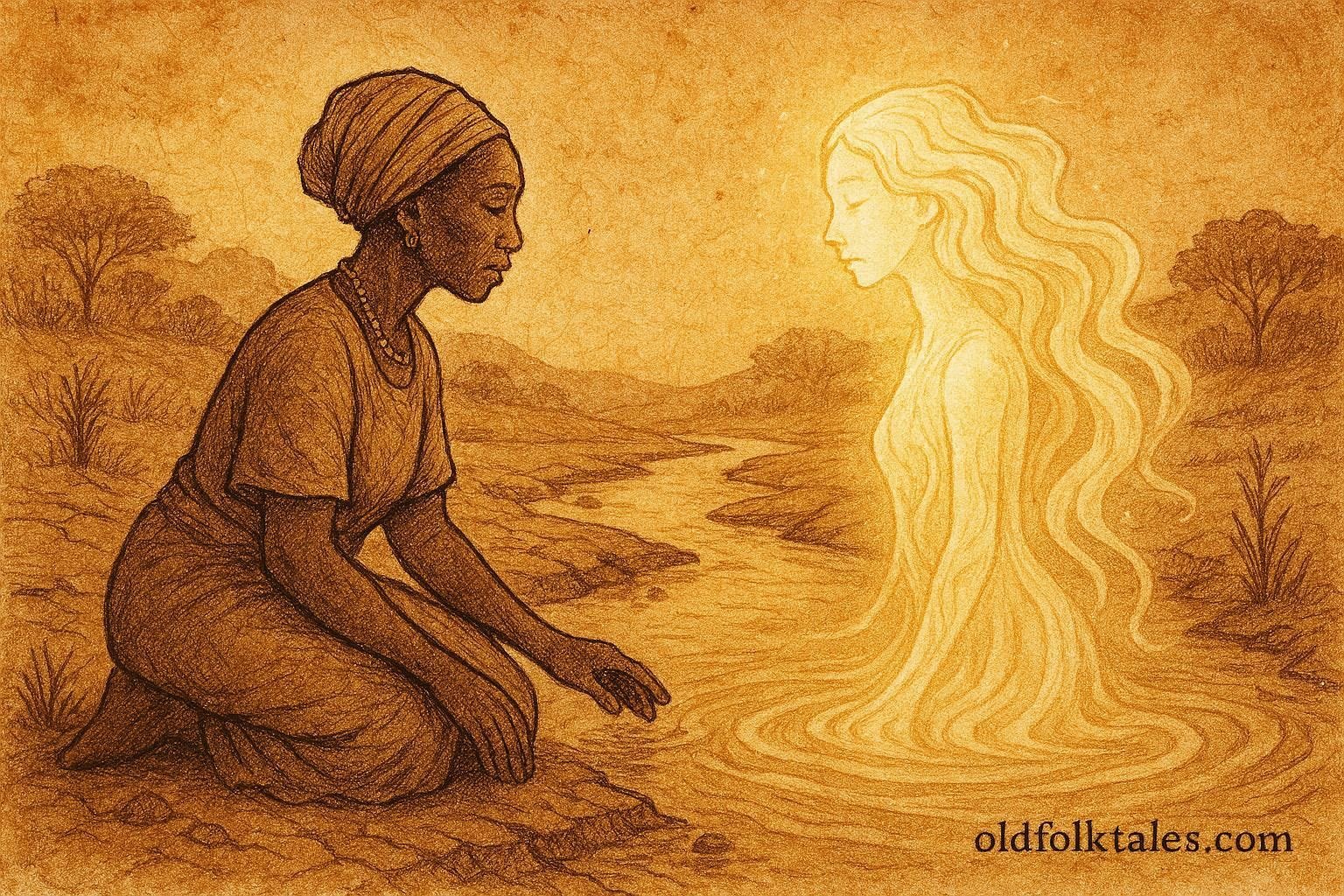 An illustration of woman and river spirit during drought in Gabon.