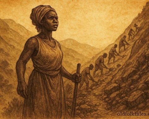 An illustration of woman and villagers transforming mountain path in Burundi hills.