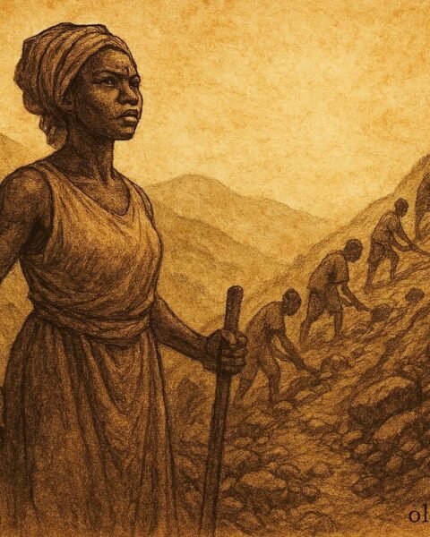 An illustration of woman and villagers transforming mountain path in Burundi hills.