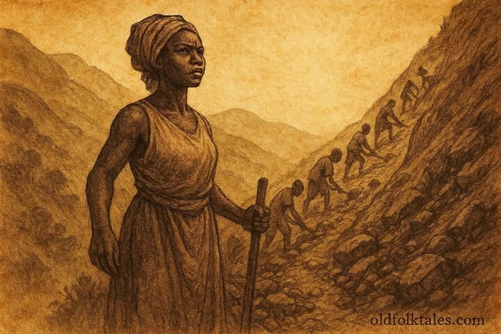 An illustration of woman and villagers transforming mountain path in Burundi hills.
